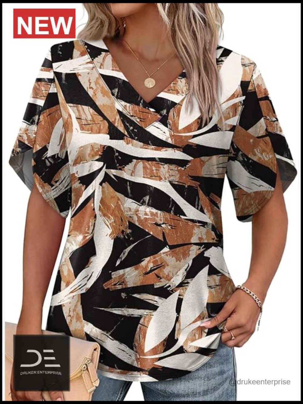 Summer Peasant Top with Split Petal Sleeve V-Neck Blouse